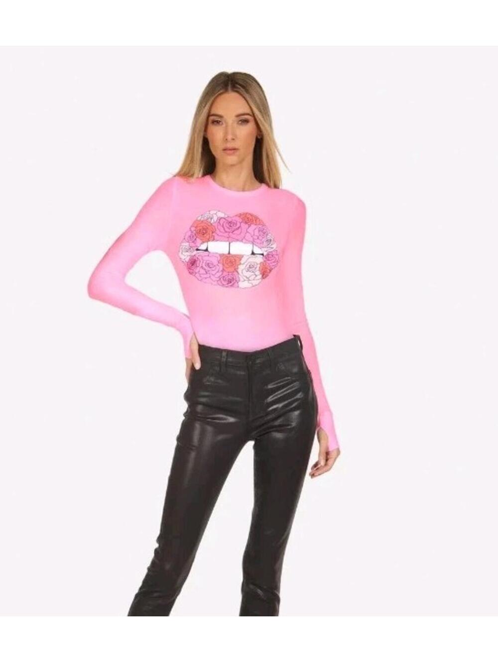 Lauren Moshi Shirt Women's M Medium Neon Hot Pink Rose Lips Thermal Waffle Top
